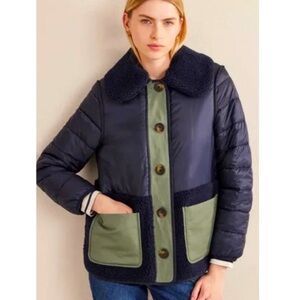 Boden Quilted Borg Barn Coat removable sherpa collar UK18 /US14 Navy Cabin Core